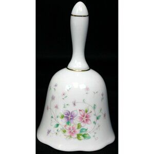 A World of Imports White Porcelain Bell Pink Purple Floral Design Scalloped Edge